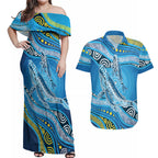 Aboriginal Ocean Whale Couples Matching Off Shoulder Maxi Dress and Hawaiian Shirt Dot Art Dreamtime Style