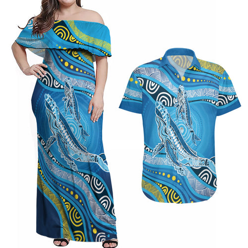 Aboriginal Ocean Whale Couples Matching Off Shoulder Maxi Dress and Hawaiian Shirt Dot Art Dreamtime Style