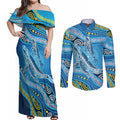 Aboriginal Ocean Whale Couples Matching Off Shoulder Maxi Dress and Long Sleeve Button Shirt Dot Art Dreamtime Style