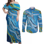Aboriginal Ocean Whale Couples Matching Off Shoulder Maxi Dress and Long Sleeve Button Shirt Dot Art Dreamtime Style