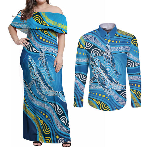 Aboriginal Ocean Whale Couples Matching Off Shoulder Maxi Dress and Long Sleeve Button Shirt Dot Art Dreamtime Style