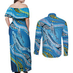 Aboriginal Ocean Whale Couples Matching Off Shoulder Maxi Dress and Long Sleeve Button Shirt Dot Art Dreamtime Style