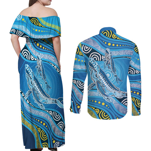 Aboriginal Ocean Whale Couples Matching Off Shoulder Maxi Dress and Long Sleeve Button Shirt Dot Art Dreamtime Style