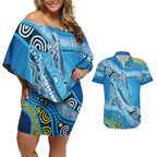 Aboriginal Ocean Whale Couples Matching Off Shoulder Short Dress and Hawaiian Shirt Dot Art Dreamtime Style