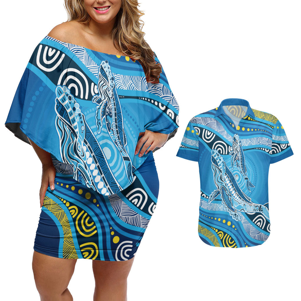 Aboriginal Ocean Whale Couples Matching Off Shoulder Short Dress and Hawaiian Shirt Dot Art Dreamtime Style