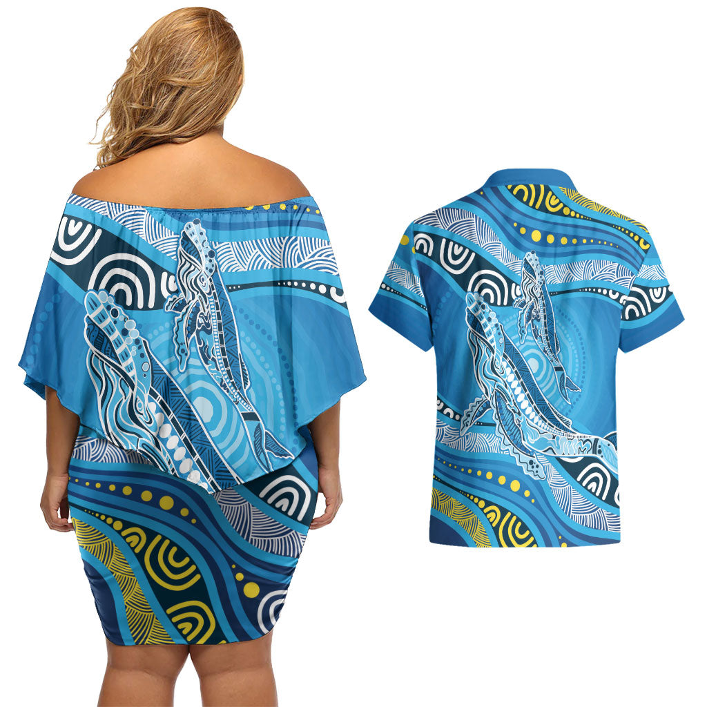 Aboriginal Ocean Whale Couples Matching Off Shoulder Short Dress and Hawaiian Shirt Dot Art Dreamtime Style
