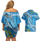 Aboriginal Ocean Whale Couples Matching Off Shoulder Short Dress and Hawaiian Shirt Dot Art Dreamtime Style