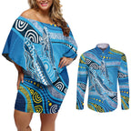 Aboriginal Ocean Whale Couples Matching Off Shoulder Short Dress and Long Sleeve Button Shirt Dot Art Dreamtime Style