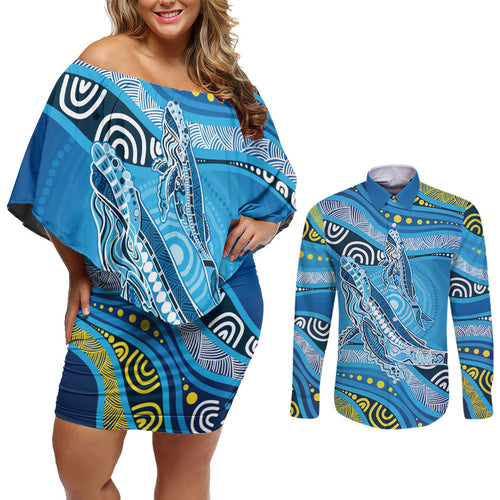 Aboriginal Ocean Whale Couples Matching Off Shoulder Short Dress and Long Sleeve Button Shirt Dot Art Dreamtime Style