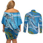 Aboriginal Ocean Whale Couples Matching Off Shoulder Short Dress and Long Sleeve Button Shirt Dot Art Dreamtime Style