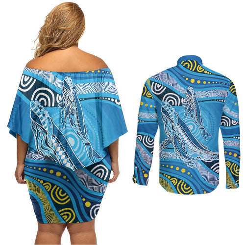 Aboriginal Ocean Whale Couples Matching Off Shoulder Short Dress and Long Sleeve Button Shirt Dot Art Dreamtime Style