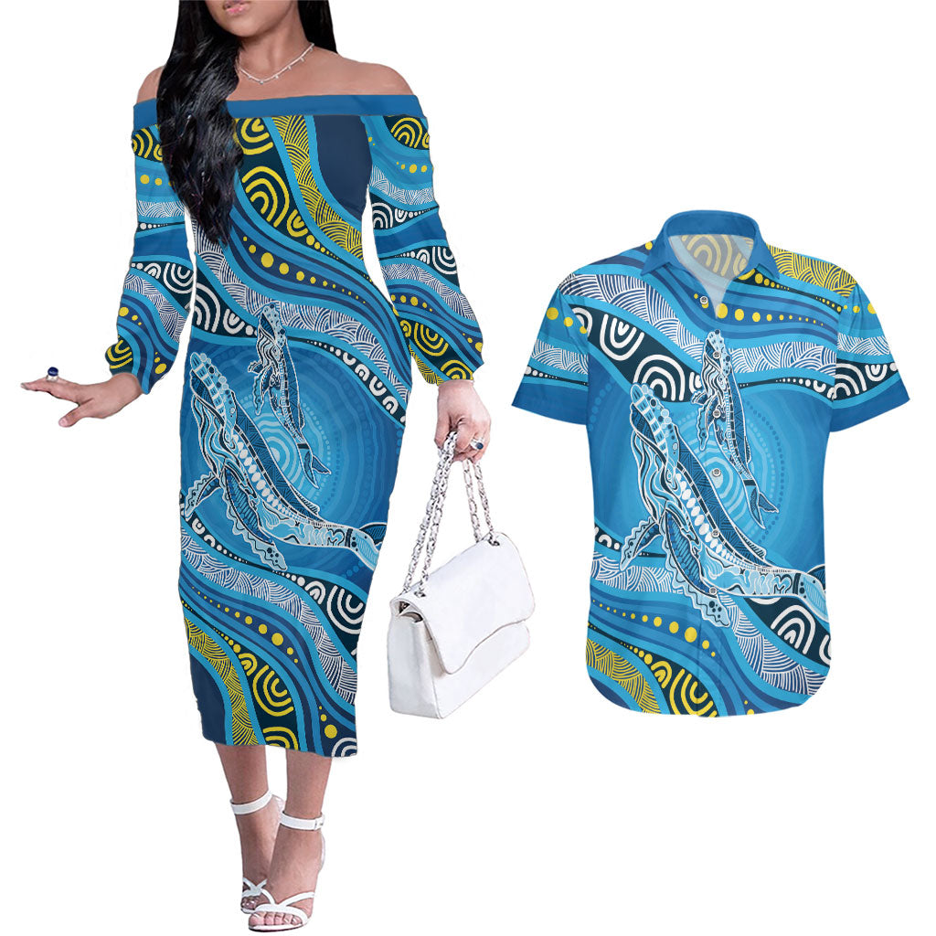 Aboriginal Ocean Whale Couples Matching Off The Shoulder Long Sleeve Dress and Hawaiian Shirt Dot Art Dreamtime Style
