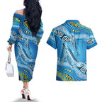 Aboriginal Ocean Whale Couples Matching Off The Shoulder Long Sleeve Dress and Hawaiian Shirt Dot Art Dreamtime Style
