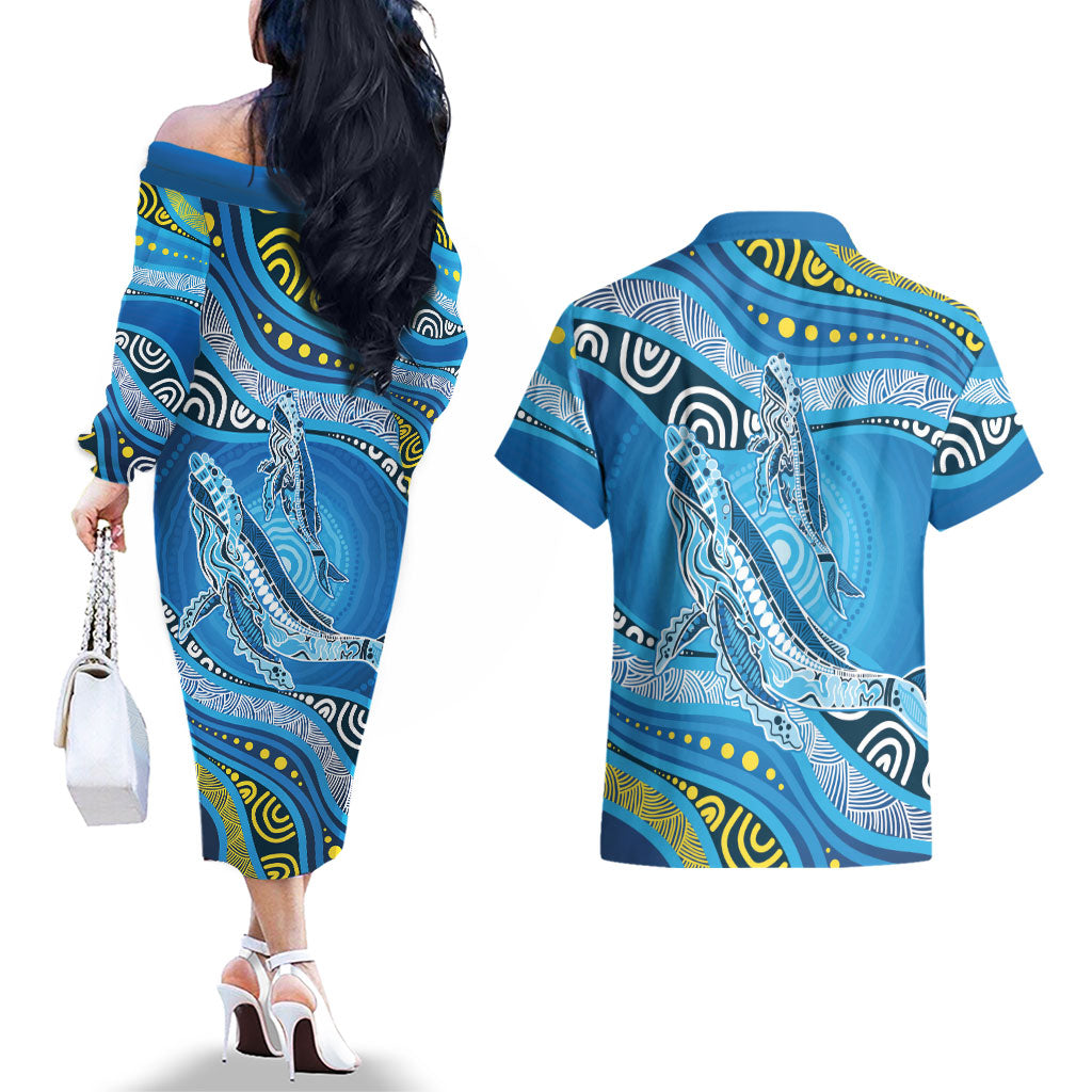 Aboriginal Ocean Whale Couples Matching Off The Shoulder Long Sleeve Dress and Hawaiian Shirt Dot Art Dreamtime Style