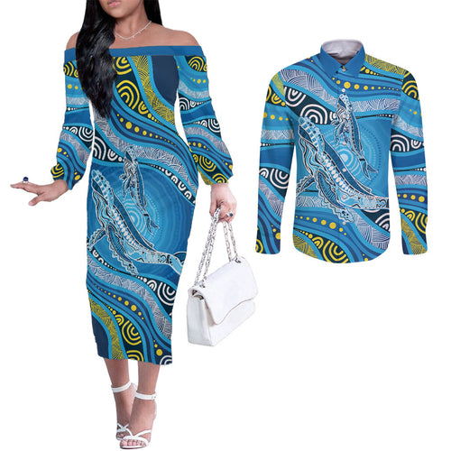 Aboriginal Ocean Whale Couples Matching Off The Shoulder Long Sleeve Dress and Long Sleeve Button Shirt Dot Art Dreamtime Style