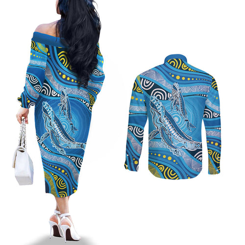 Aboriginal Ocean Whale Couples Matching Off The Shoulder Long Sleeve Dress and Long Sleeve Button Shirt Dot Art Dreamtime Style