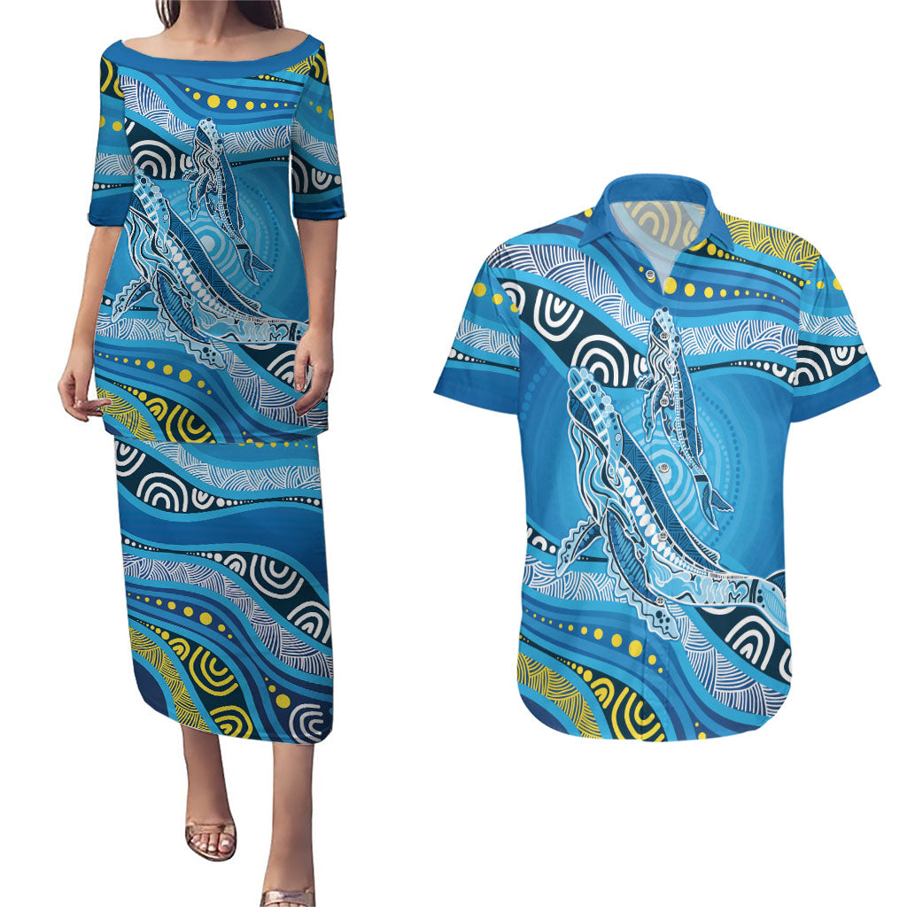 Aboriginal Ocean Whale Couples Matching Puletasi and Hawaiian Shirt Dot Art Dreamtime Style