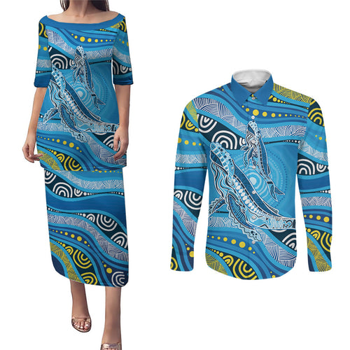 Aboriginal Ocean Whale Couples Matching Puletasi and Long Sleeve Button Shirt Dot Art Dreamtime Style