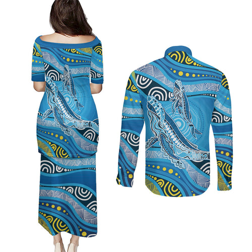 Aboriginal Ocean Whale Couples Matching Puletasi and Long Sleeve Button Shirt Dot Art Dreamtime Style