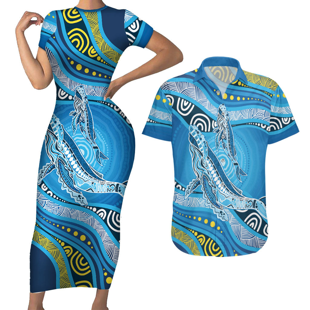 Aboriginal Ocean Whale Couples Matching Short Sleeve Bodycon Dress and Hawaiian Shirt Dot Art Dreamtime Style