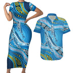 Aboriginal Ocean Whale Couples Matching Short Sleeve Bodycon Dress and Hawaiian Shirt Dot Art Dreamtime Style