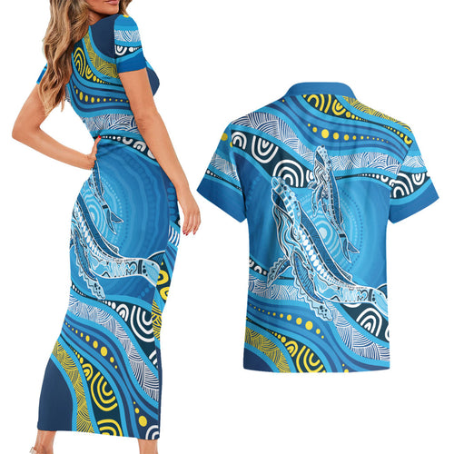 Aboriginal Ocean Whale Couples Matching Short Sleeve Bodycon Dress and Hawaiian Shirt Dot Art Dreamtime Style
