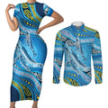 Aboriginal Ocean Whale Couples Matching Short Sleeve Bodycon Dress and Long Sleeve Button Shirt Dot Art Dreamtime Style