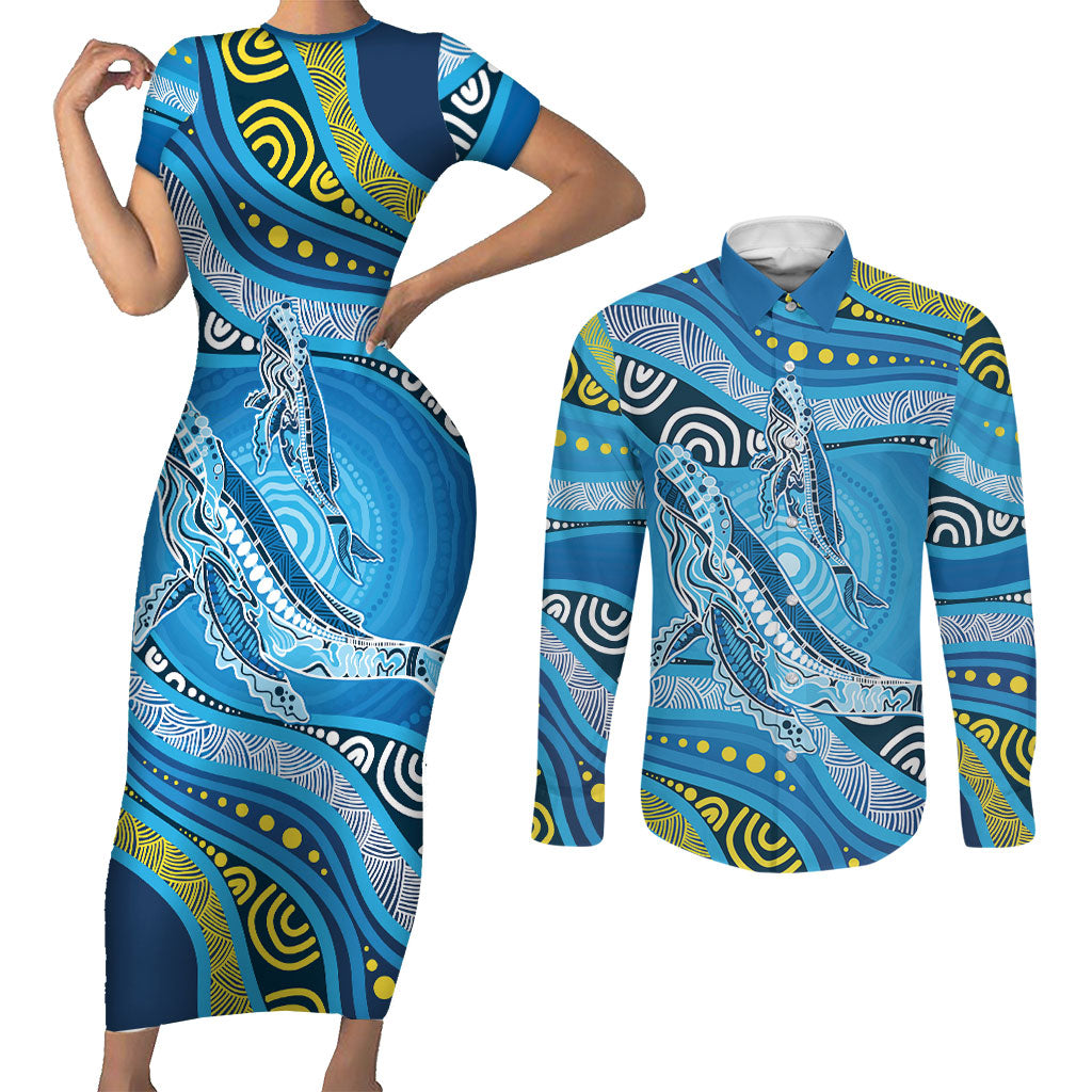Aboriginal Ocean Whale Couples Matching Short Sleeve Bodycon Dress and Long Sleeve Button Shirt Dot Art Dreamtime Style