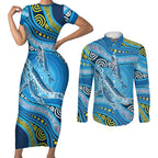 Aboriginal Ocean Whale Couples Matching Short Sleeve Bodycon Dress and Long Sleeve Button Shirt Dot Art Dreamtime Style