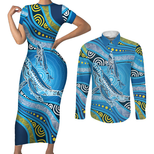 Aboriginal Ocean Whale Couples Matching Short Sleeve Bodycon Dress and Long Sleeve Button Shirt Dot Art Dreamtime Style