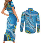 Aboriginal Ocean Whale Couples Matching Short Sleeve Bodycon Dress and Long Sleeve Button Shirt Dot Art Dreamtime Style