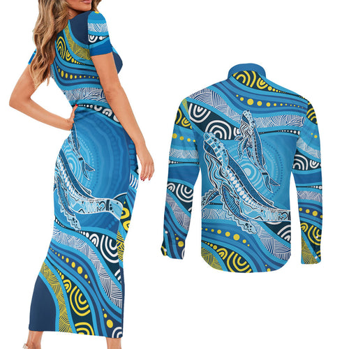 Aboriginal Ocean Whale Couples Matching Short Sleeve Bodycon Dress and Long Sleeve Button Shirt Dot Art Dreamtime Style