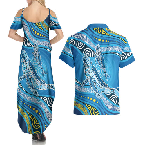 Aboriginal Ocean Whale Couples Matching Summer Maxi Dress and Hawaiian Shirt Dot Art Dreamtime Style