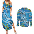 Aboriginal Ocean Whale Couples Matching Summer Maxi Dress and Long Sleeve Button Shirt Dot Art Dreamtime Style