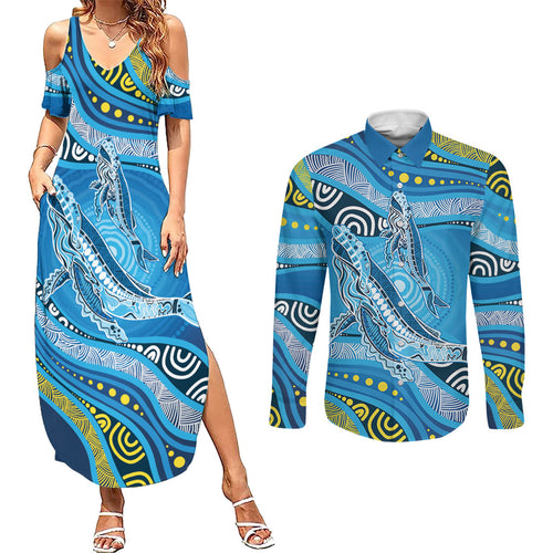 Aboriginal Ocean Whale Couples Matching Summer Maxi Dress and Long Sleeve Button Shirt Dot Art Dreamtime Style