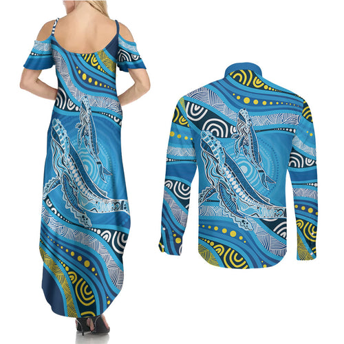 Aboriginal Ocean Whale Couples Matching Summer Maxi Dress and Long Sleeve Button Shirt Dot Art Dreamtime Style