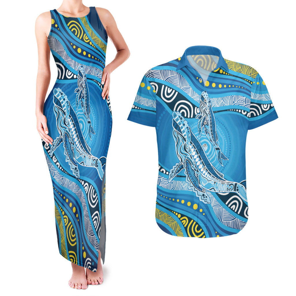 Aboriginal Ocean Whale Couples Matching Tank Maxi Dress and Hawaiian Shirt Dot Art Dreamtime Style
