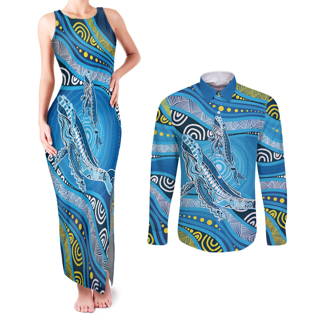 Aboriginal Ocean Whale Couples Matching Tank Maxi Dress and Long Sleeve Button Shirt Dot Art Dreamtime Style