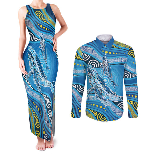 Aboriginal Ocean Whale Couples Matching Tank Maxi Dress and Long Sleeve Button Shirt Dot Art Dreamtime Style