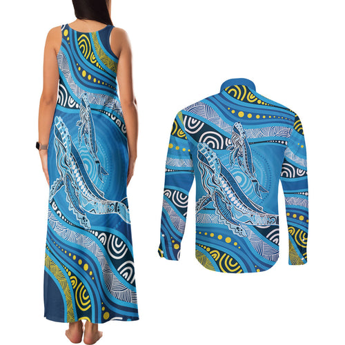 Aboriginal Ocean Whale Couples Matching Tank Maxi Dress and Long Sleeve Button Shirt Dot Art Dreamtime Style