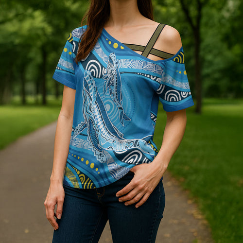 Aboriginal Ocean Whale Cross Shoulder Shirt Dot Art Dreamtime Style