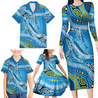 Aboriginal Ocean Whale Family Matching Long Sleeve Bodycon Dress and Hawaiian Shirt Dot Art Dreamtime Style