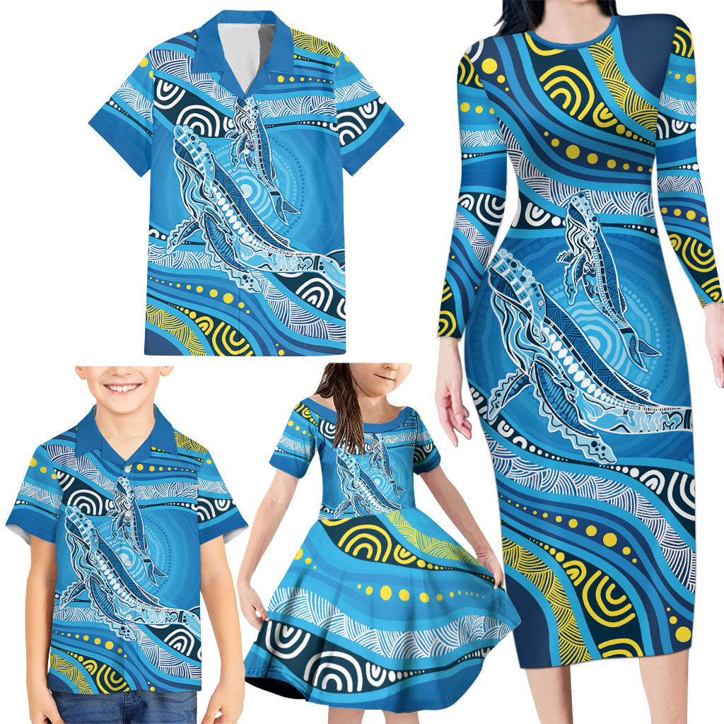 Aboriginal Ocean Whale Family Matching Long Sleeve Bodycon Dress and Hawaiian Shirt Dot Art Dreamtime Style