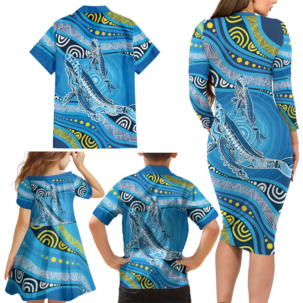 Aboriginal Ocean Whale Family Matching Long Sleeve Bodycon Dress and Hawaiian Shirt Dot Art Dreamtime Style