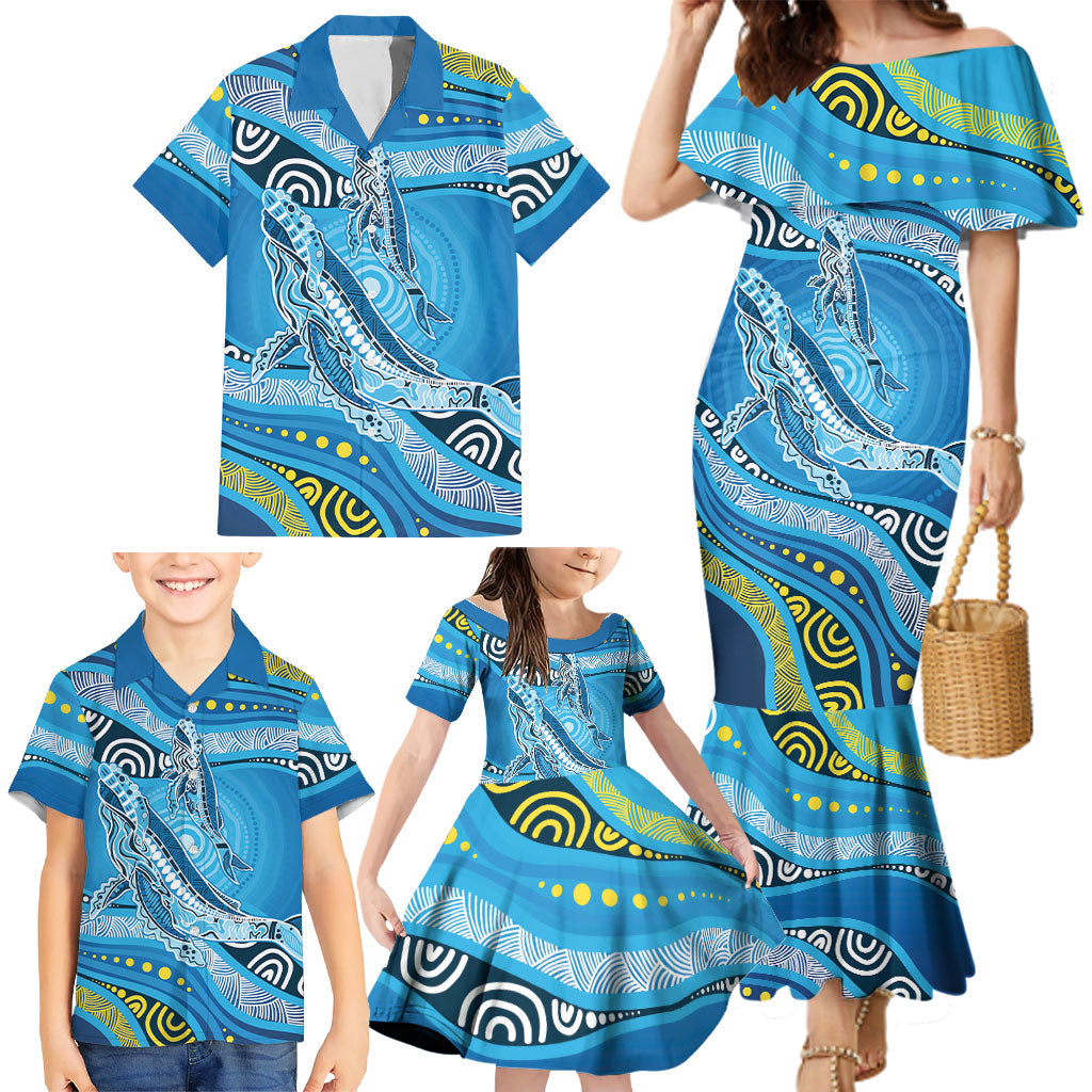Aboriginal Ocean Whale Family Matching Mermaid Dress and Hawaiian Shirt Dot Art Dreamtime Style