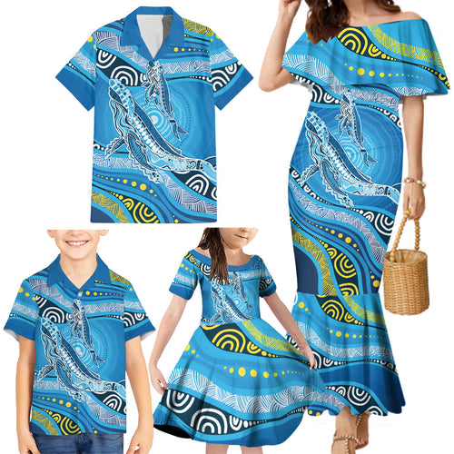 Aboriginal Ocean Whale Family Matching Mermaid Dress and Hawaiian Shirt Dot Art Dreamtime Style