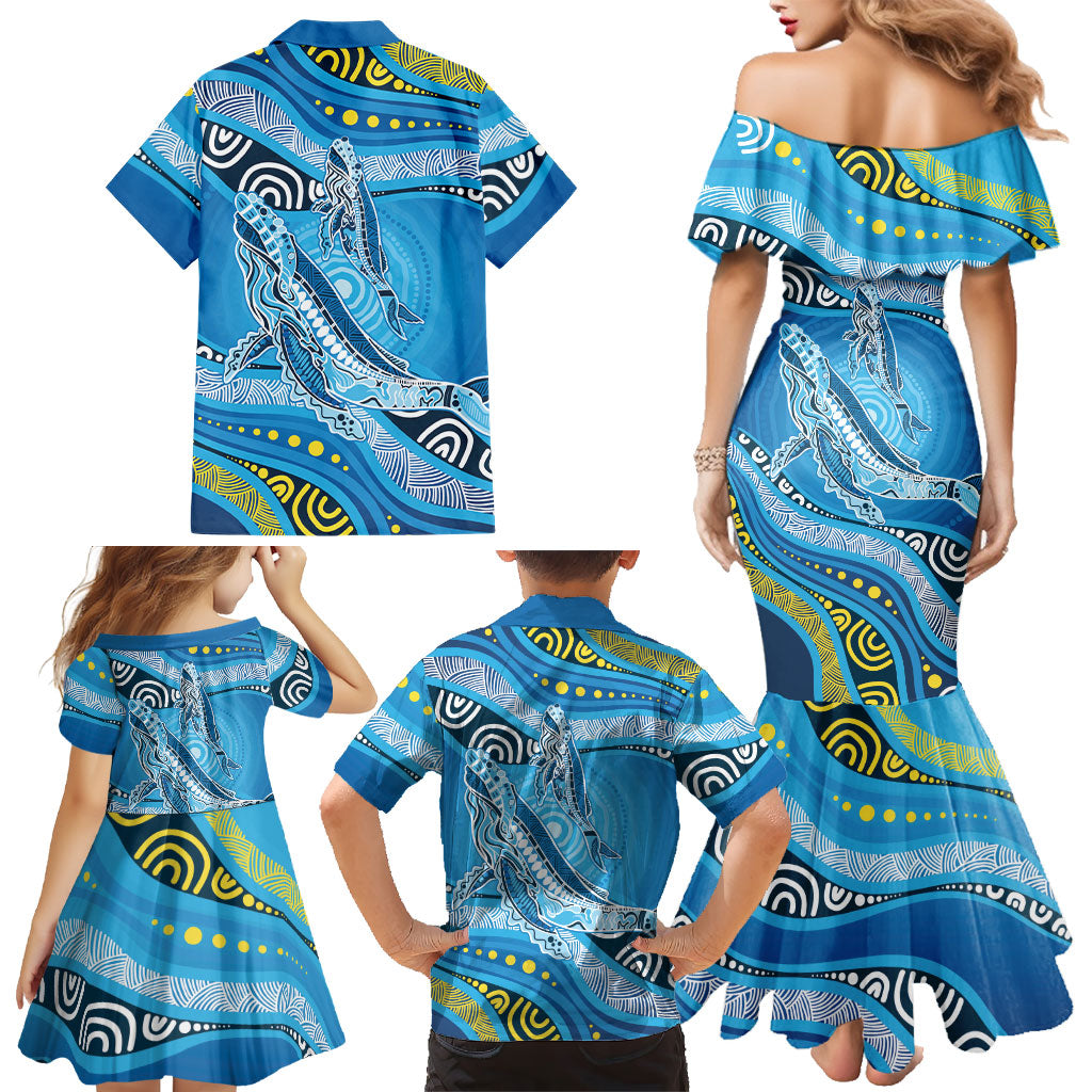 Aboriginal Ocean Whale Family Matching Mermaid Dress and Hawaiian Shirt Dot Art Dreamtime Style