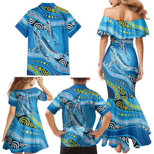 Aboriginal Ocean Whale Family Matching Mermaid Dress and Hawaiian Shirt Dot Art Dreamtime Style