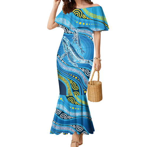 Aboriginal Ocean Whale Family Matching Mermaid Dress and Hawaiian Shirt Dot Art Dreamtime Style