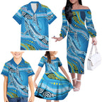Aboriginal Ocean Whale Family Matching Off The Shoulder Long Sleeve Dress and Hawaiian Shirt Dot Art Dreamtime Style